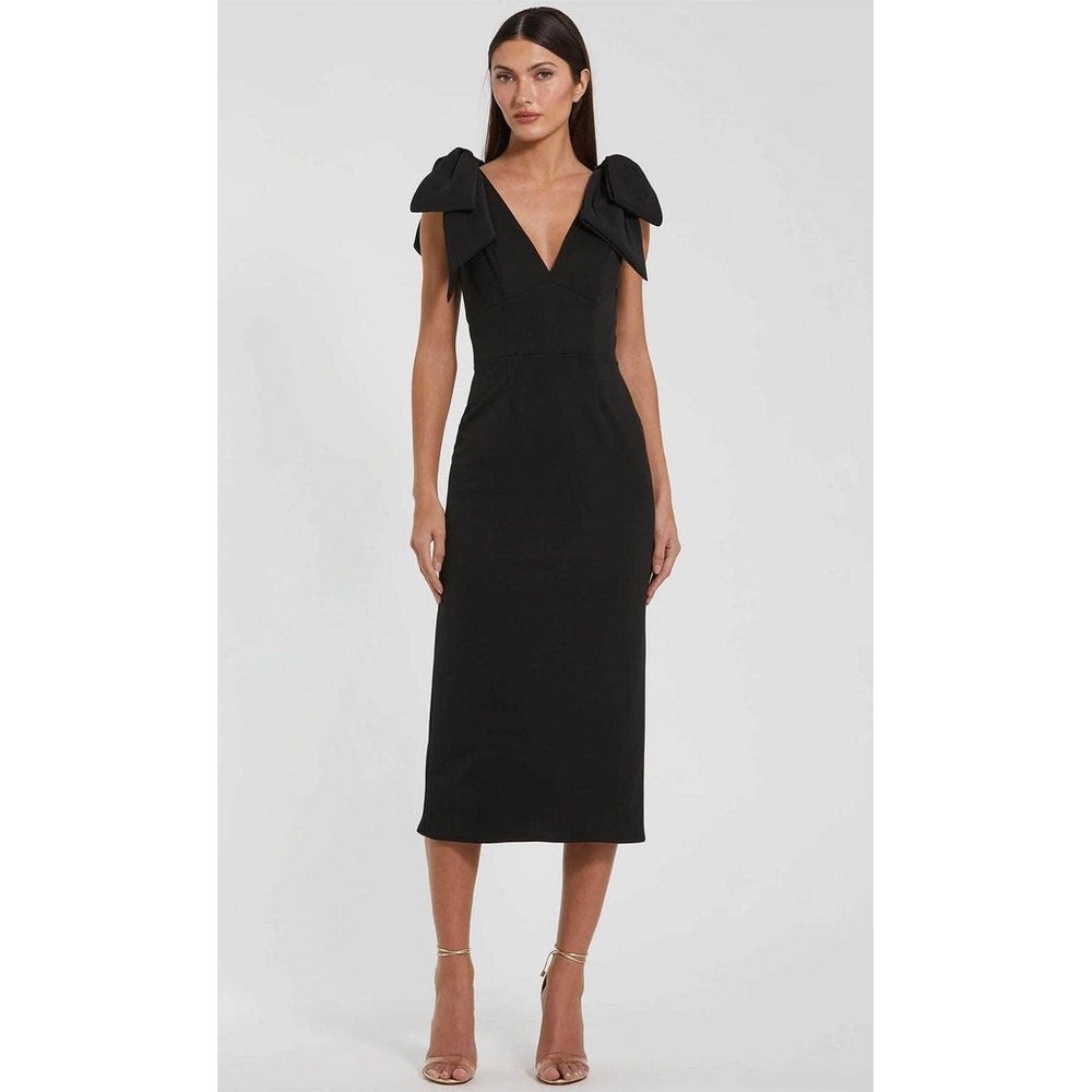 IEENA for MAC‎ DUGGAL Black Crêpe Bow Shoulder V Neck Midi Dress Size 4 Wedding